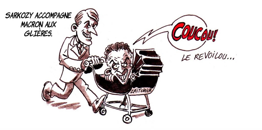 dessin d'actualité humoristique sur la visite de Nicolas Sarkozy et Emmanuel Macron sur le plateau des Glières