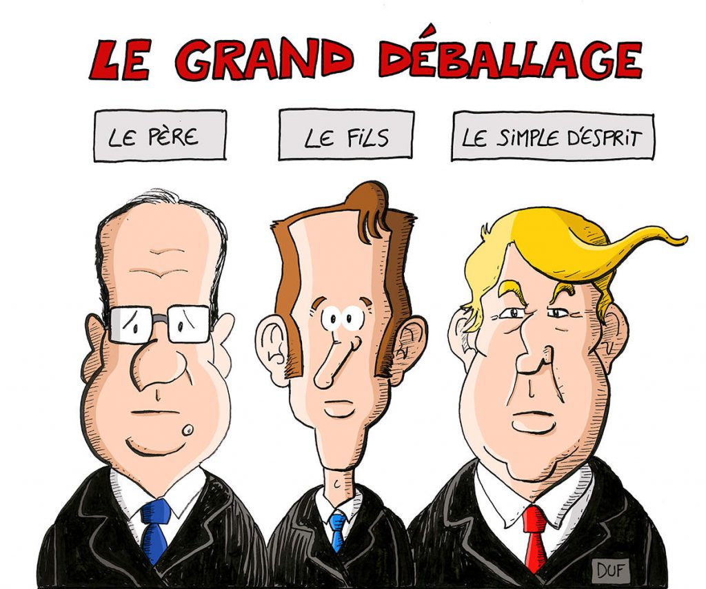 dessin d'actualité humoristique sur la sainte trinité du grand débat d'Emmanuel Macron