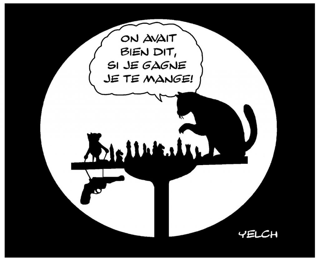 dessin de Yelch sur un chat et un rat jouant aux échecs