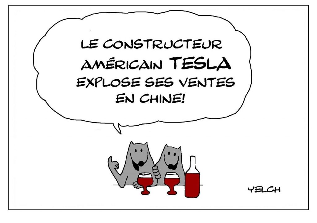 dessin de Yelch sur les ventes de Tesla en Chine