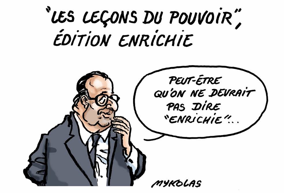 dessin d'actualité humoristique sur l'édition 2019 enrichie du livre de François Hollande "Les leçons du pouvoir"