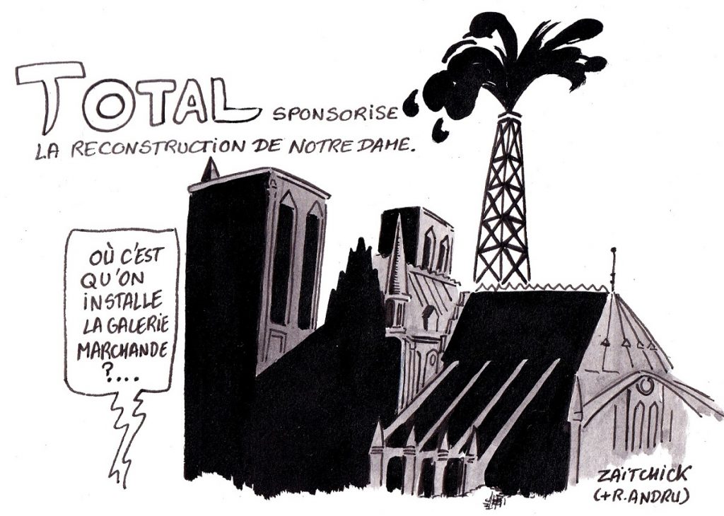 dessin d’actualité humoristique sur la reconstruction de Notre-Dame de Paris et les dons des entreprises du CAC40