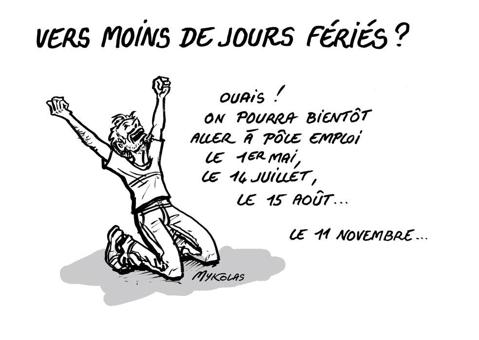 dessin d’actualité humoristique sur la proposition d’Emmanuel Macron de supprimer un deuxième jour férié