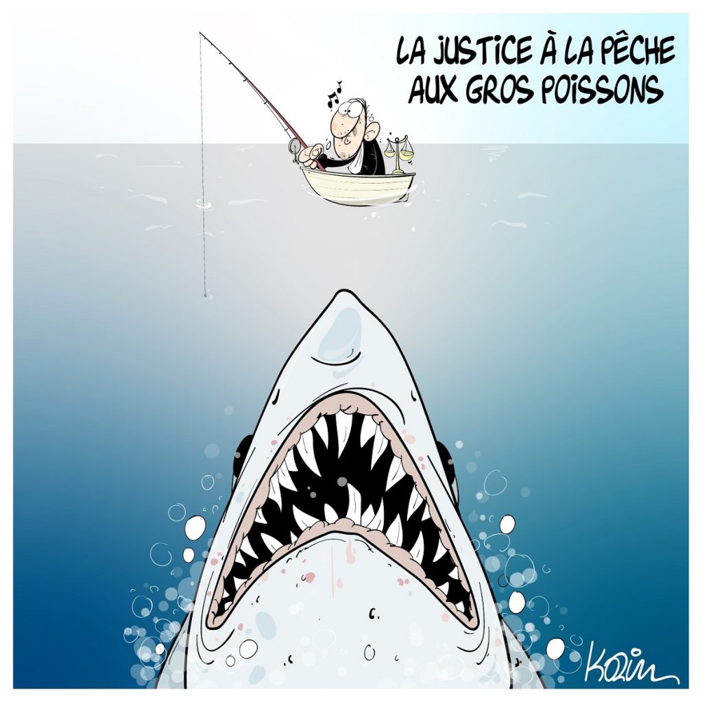 dessin d’actualité humoristique sur la justice algérienne s’attaquant à des requins
