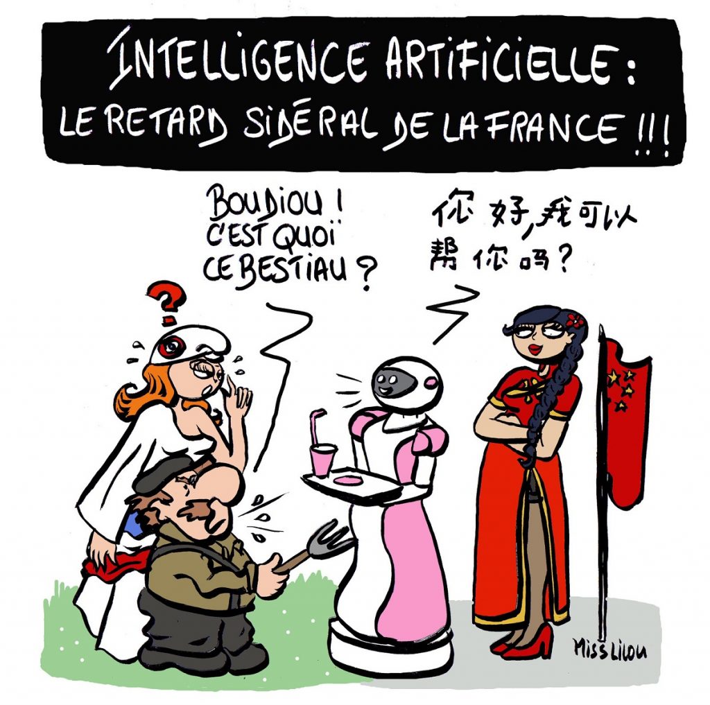 dessin d’actualité humoristique sur le retard de la France dans le domaine de l’intelligence artificielle