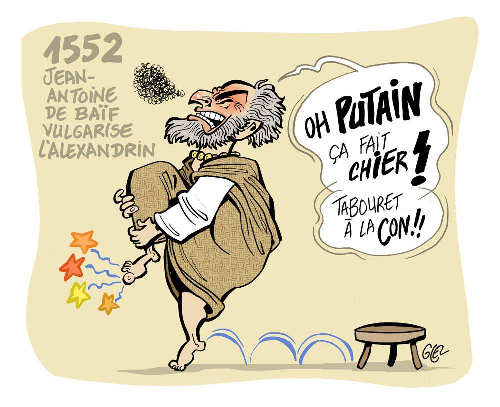 dessin humoristique sur la poésie en alexandrin de Jean-Antoine de Baïf