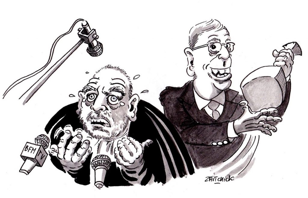 dessin d'actualité humoristique sur le procès Balkany et sa défense par Maître Éric Dupond-Moretti