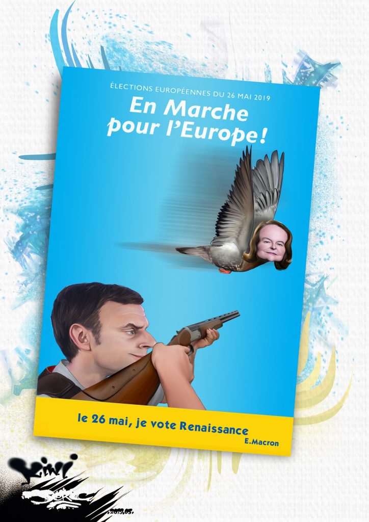 dessin d’actualité humoristique sur la campagne électorale de Nathalie Loiseau et par Emmanuel Macron pour la liste Renaissance