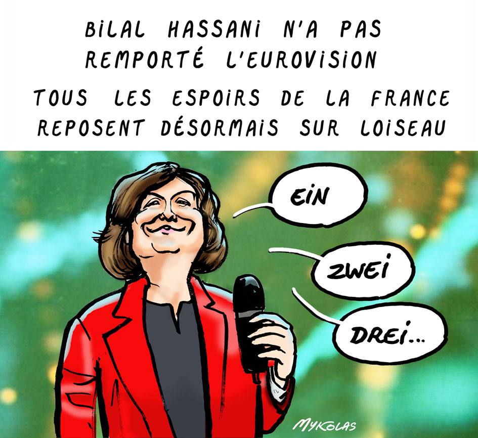 dessin d’actualité humoristique sur la défaite de Bilal Hassani à l’Eurovision et les chances de Nathalie Loiseau