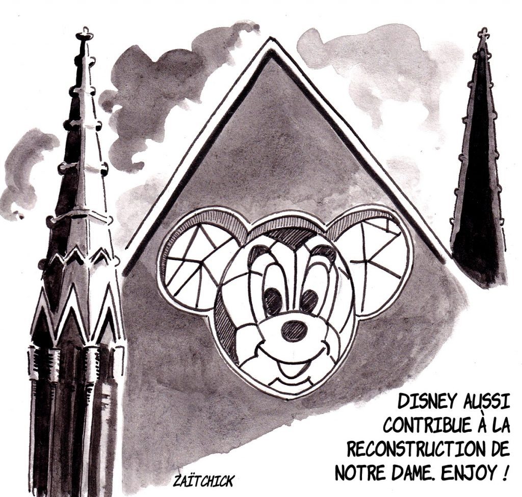 dessin d'actualité humoristique sur la participation de Disney à la reconstruction de Notre-Dame de Paris