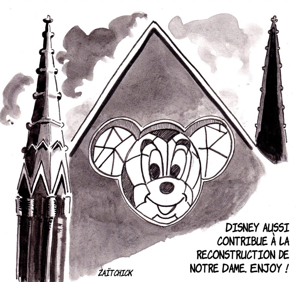 dessin d'actualité humoristique sur la participation de Disney à la reconstruction de Notre-Dame de Paris