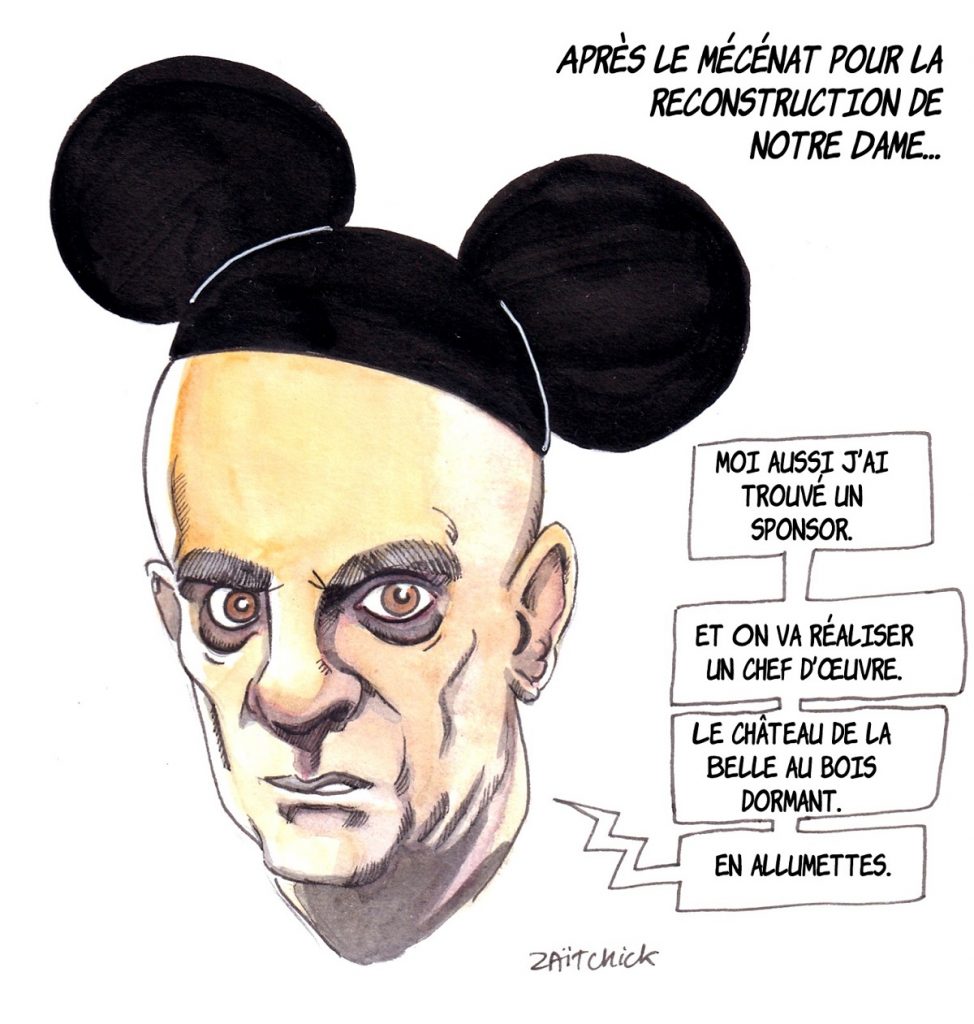 dessin d'actualité humoristique sur Jean-Michel Blanquer et sa proposition de partenariat avec Disney pour la reconstruction de Notre-Dame