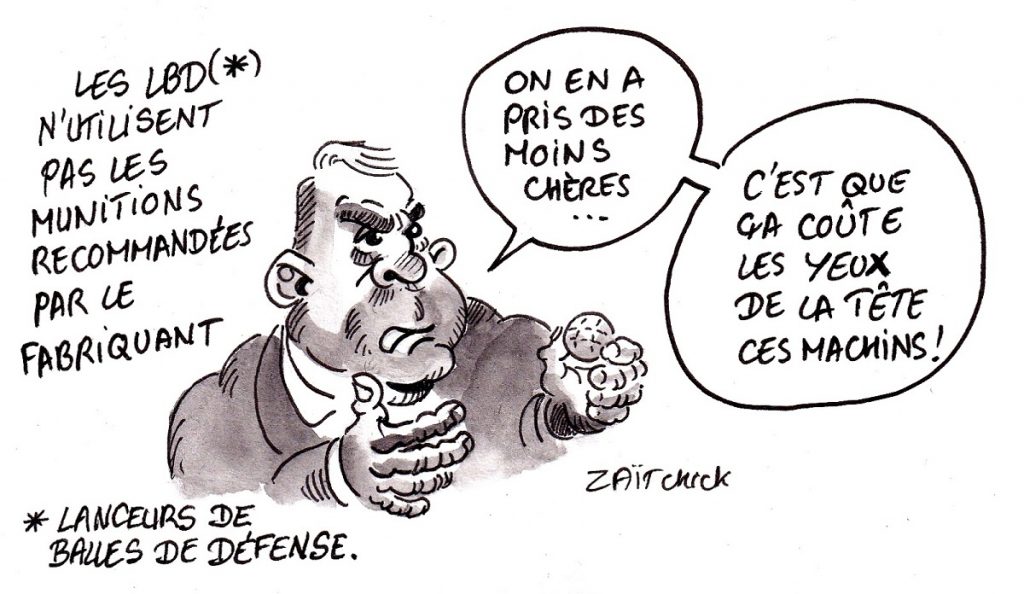 dessin d’actualité humoristique sur l’utilisation de munitions inadaptées dans les LBD