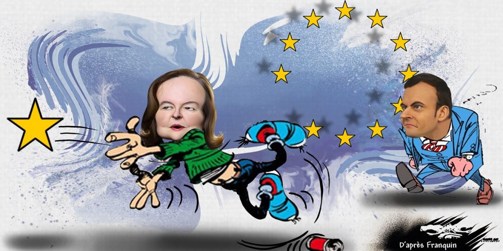 dessin d’actualité humoristique sur les gaffes de Nathalie Loiseau et la colère d’Emmanuel Macron
