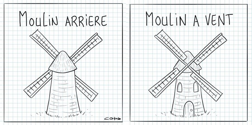 dessin de Cops sur les moulins arrière et les moulins à vent