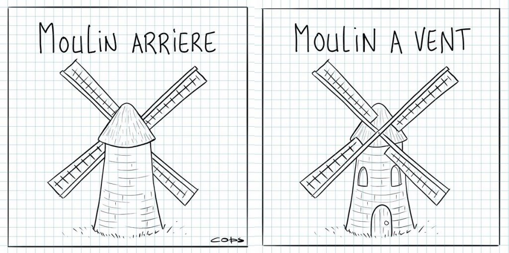 dessin de Cops sur les moulins arrière et les moulins à vent