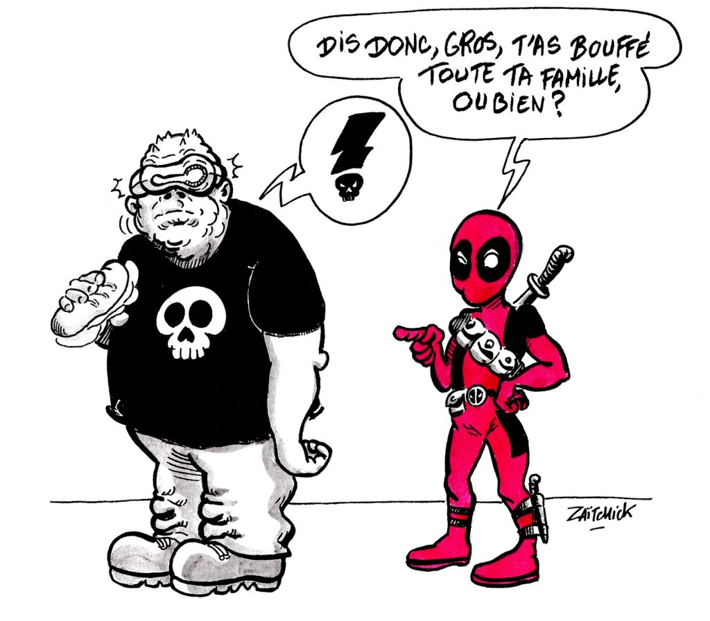 dessin humoristique sur Deadpool provoquant le Leader des Mutants