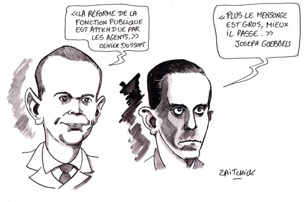 dessin d'actualité humoristique sur les déclarations d’Olivier Dussopt