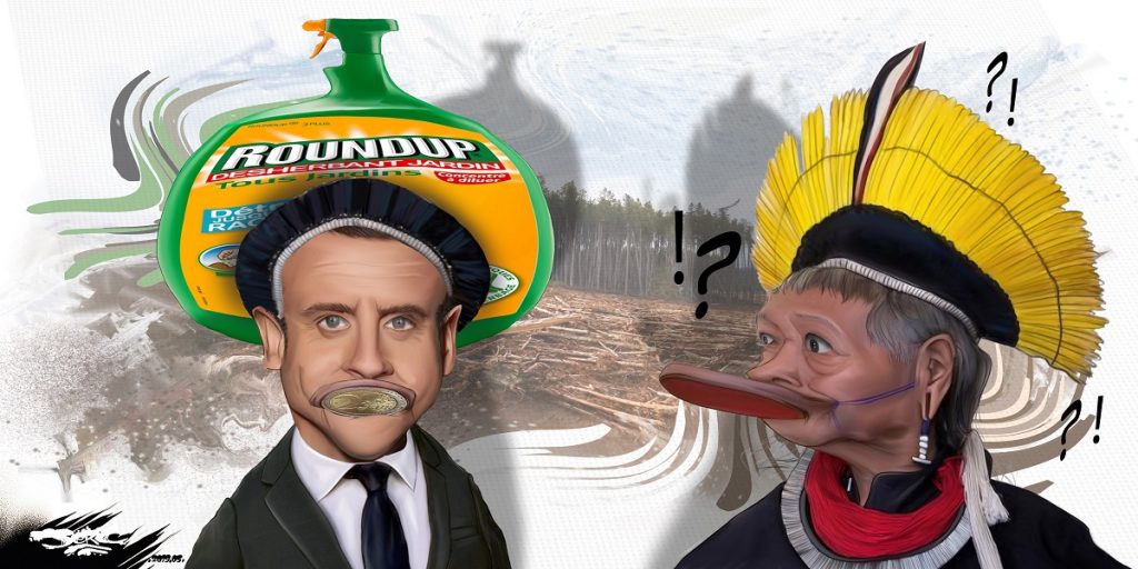 dessin d’actualité humoristique sur l’écologie selon Emmanuel Macron et le Chef Raoni