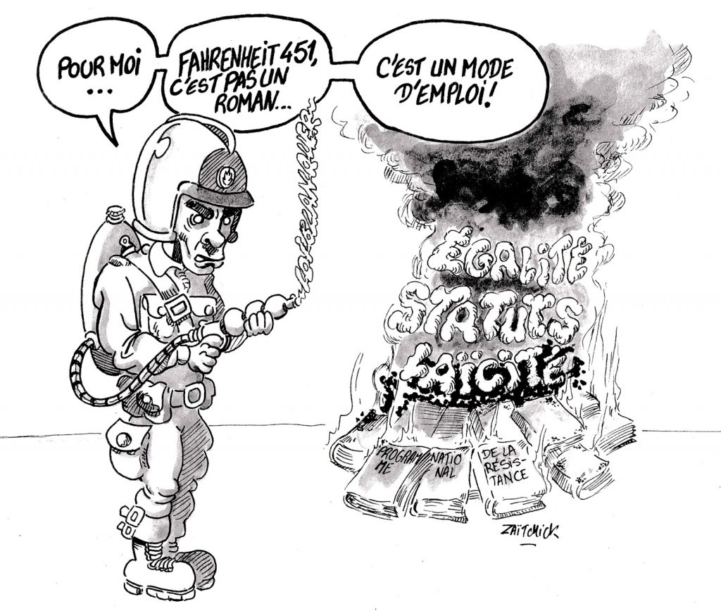 dessin humoristique sur Jean-Michel Blanquer pratiquant un autodafé des principes éducatifs