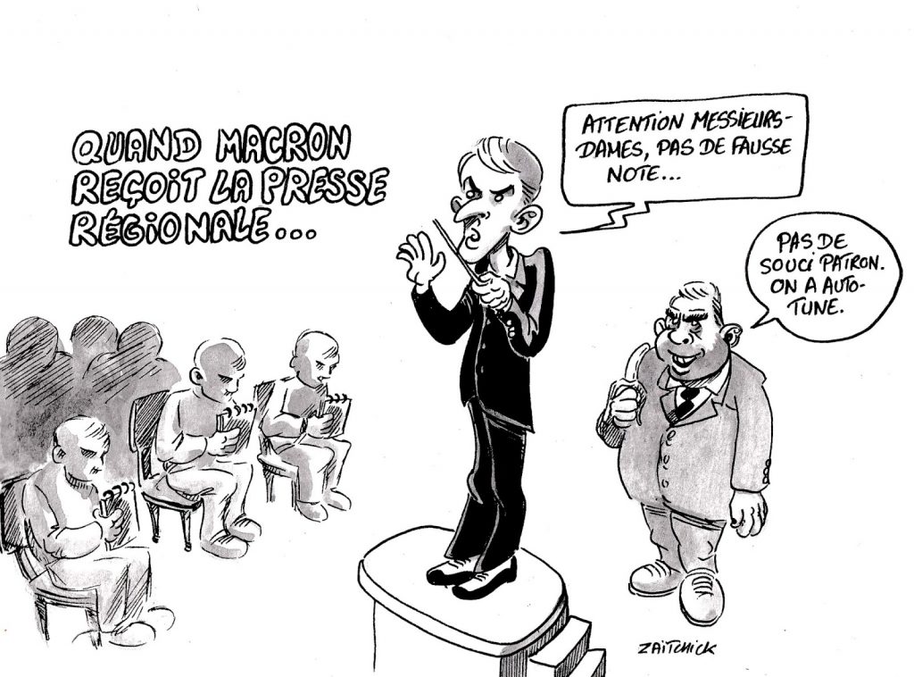dessin humoristique sur Emmanuel Macron recevant la presse régionale et Madonna utilisant Autotune