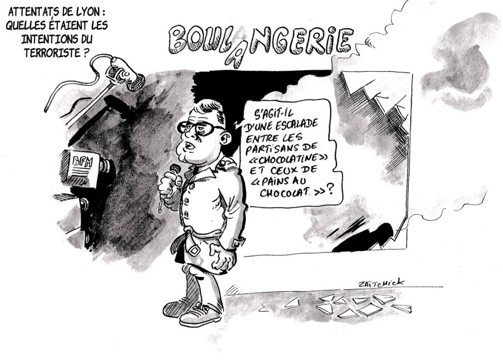dessin d'actualité humoristique sur la couverture médiatique de l’attaque au colis piégé à Lyon