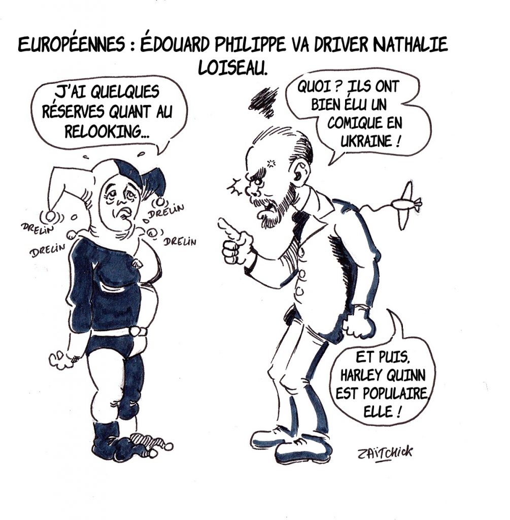 dessin d’actualité humoristique sur Édouard Philippe préparant Nathalie Loiseau pour les élections européennes