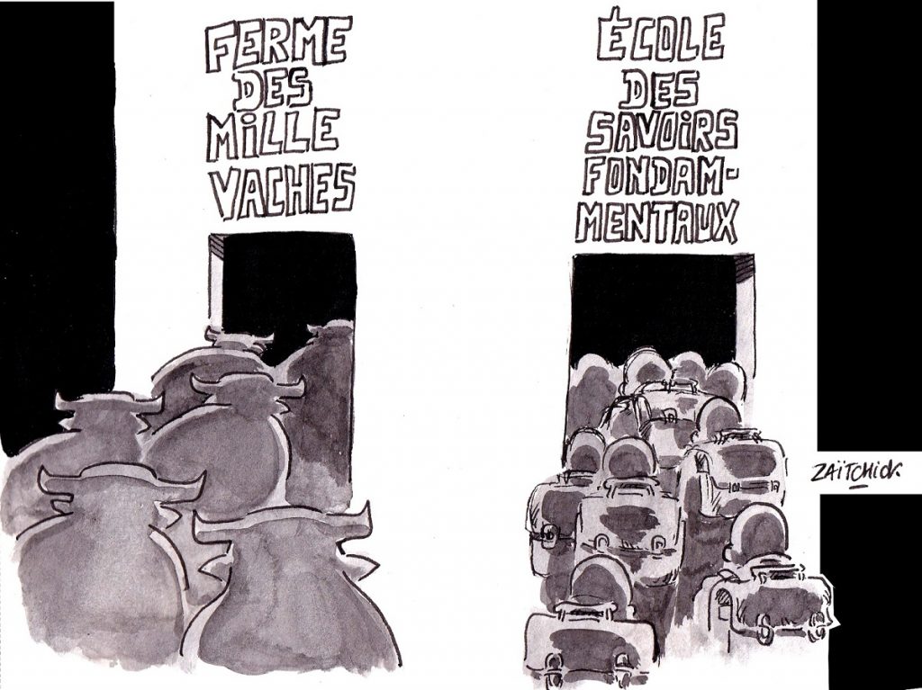 dessin d'actualité humoristique sur la loi Blanquer, l’école des savoirs fondamentaux et la ferme des mille vaches