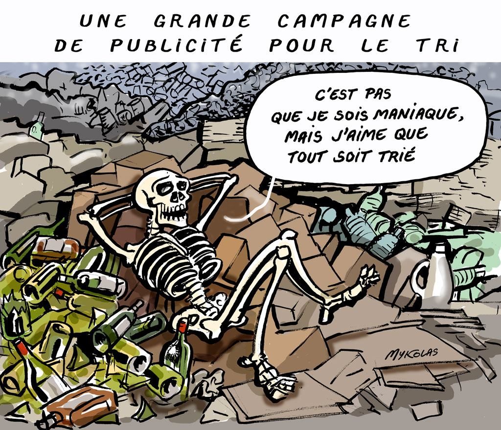 dessin d’actualité humoristique sur la campagne publicitaire en faveur du tri sélectif