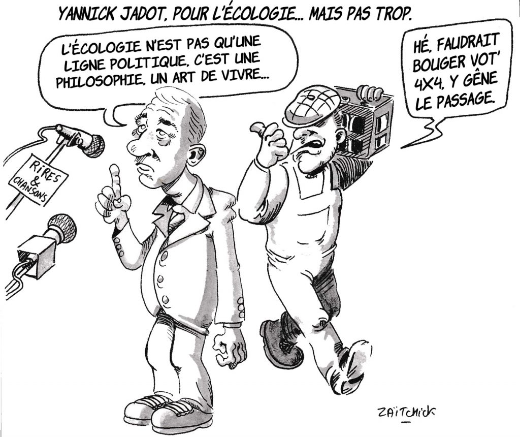 dessin d’actualité humoristique sur la ligne politique de Yannick Jadot