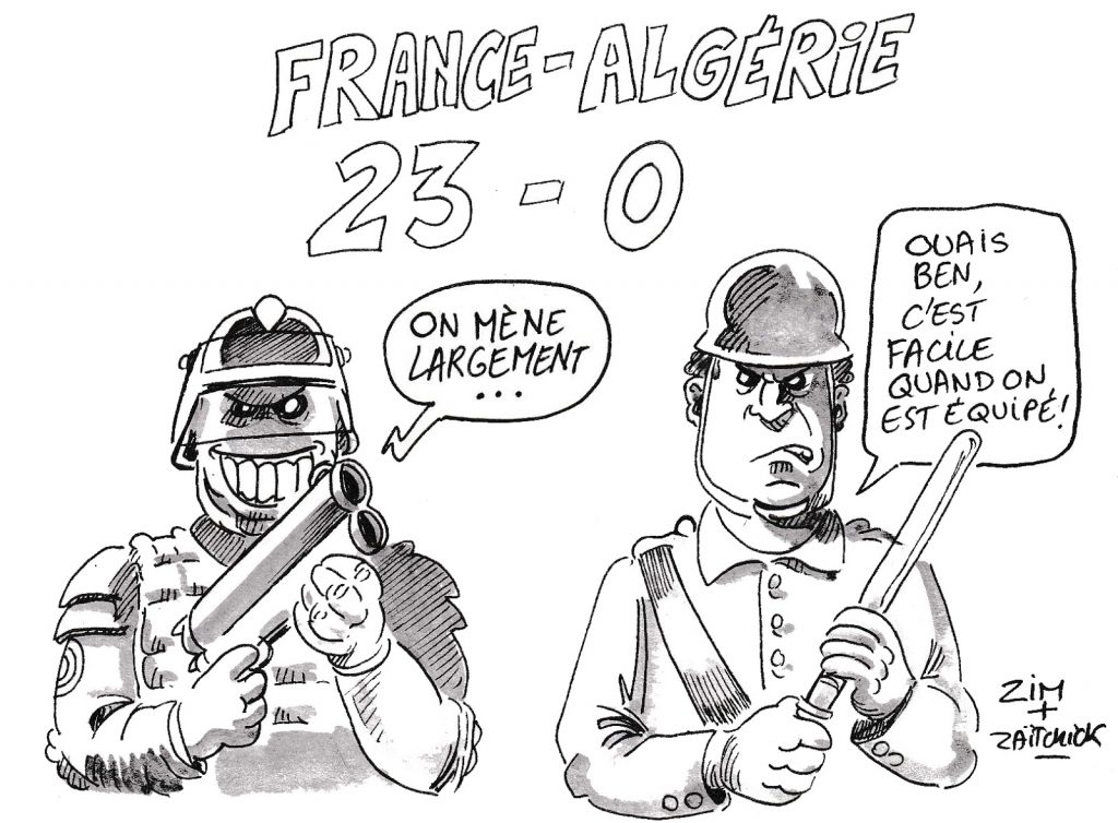 dessin d’actualité humoristique sur le score du mouvement des gilets jaunes français comparé au score du mouvement populaire algérien