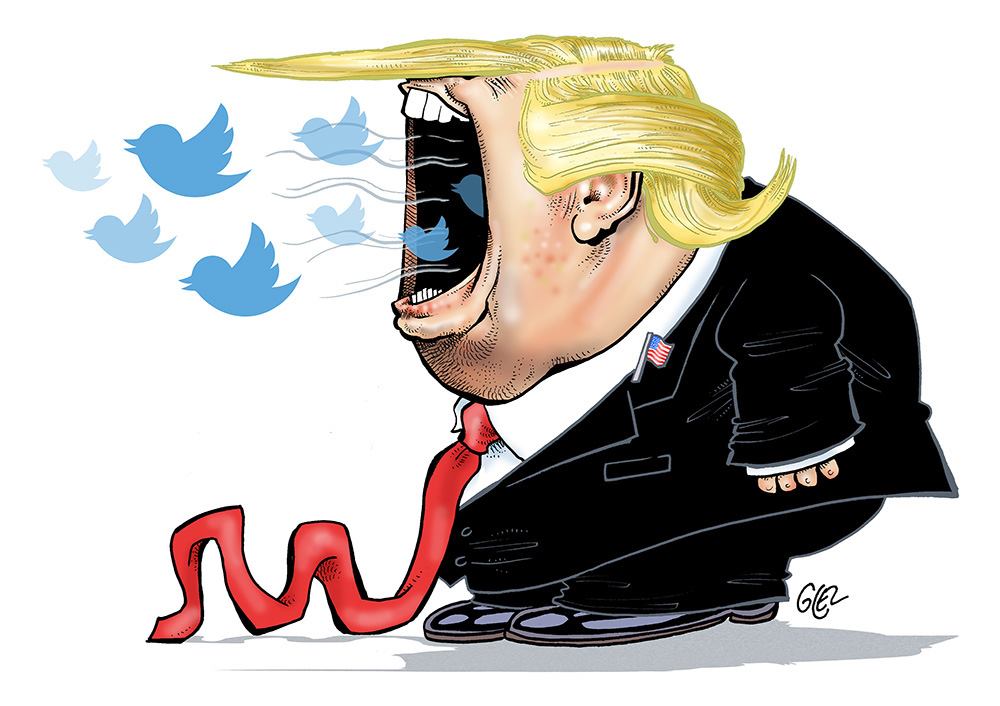 dessin d’actualité humoristique sur Donald Trump et son utilisation de Twitter