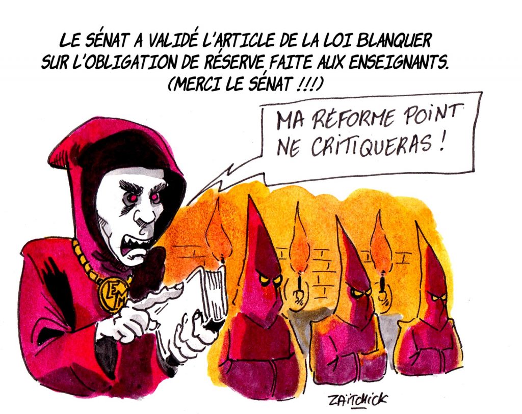 dessin d’actualité humoristique sur l’article de la loi Blanquer sur l’obligation de réserve faite aux enseignants