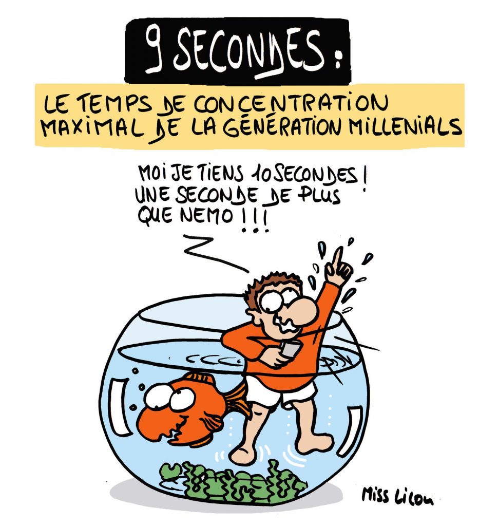 dessin de Miss Lilou sur la capacité de concentration de la génération millennial