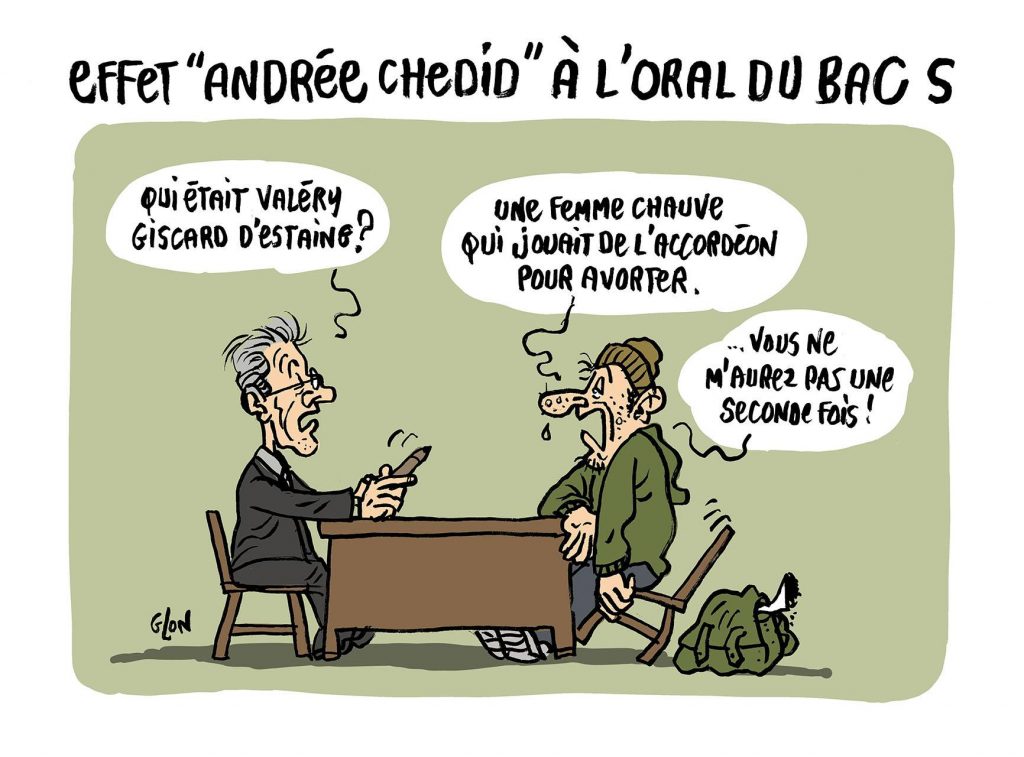 dessin d’actualité humoristique sur le sujet du baccalauréat S concernant Andrée Chedid