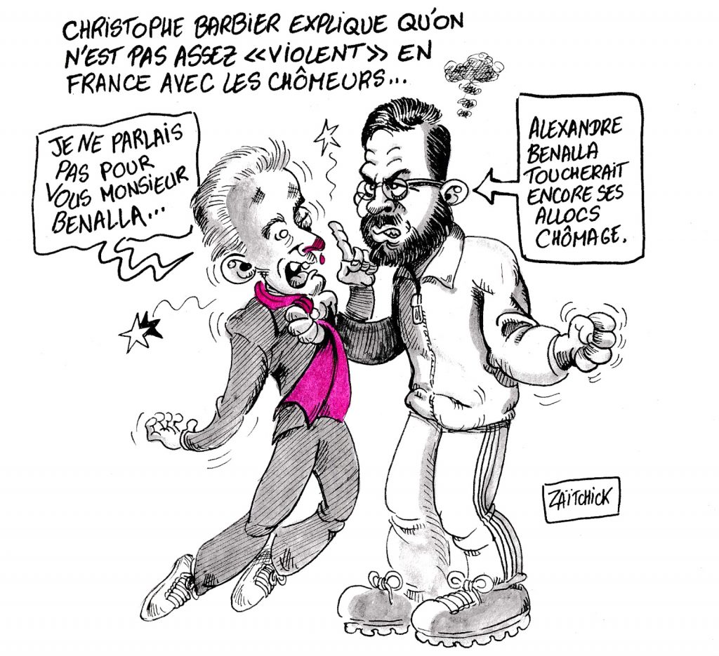 dessin d’actualité humoristique sur Christophe Barbier et sa déclaration de manque de violence française envers les chômeurs