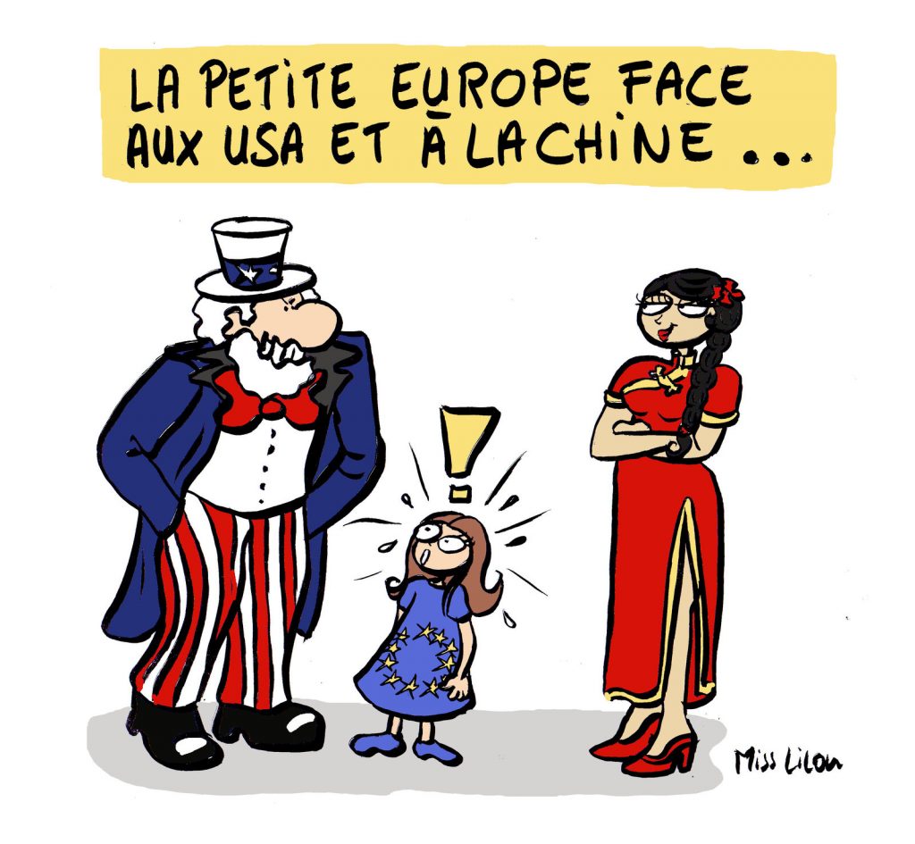 dessin de Miss Lilou sur l’Europe face à la Chine et aux États-Unis