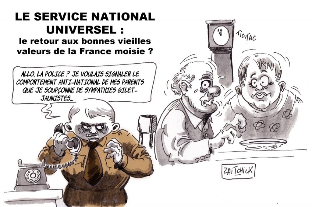 dessin d’actualité humoristique sur la mise en place du Service National Universel