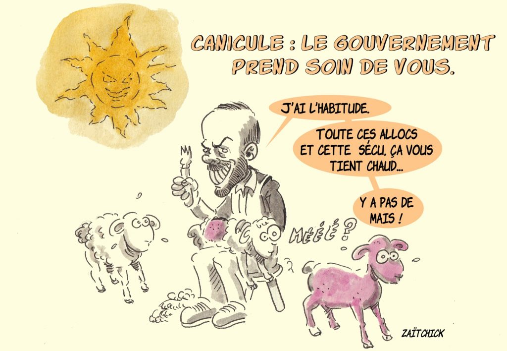 dessin d’actualité humoristique sur la prévention de la canicule par le gouvernement Macron