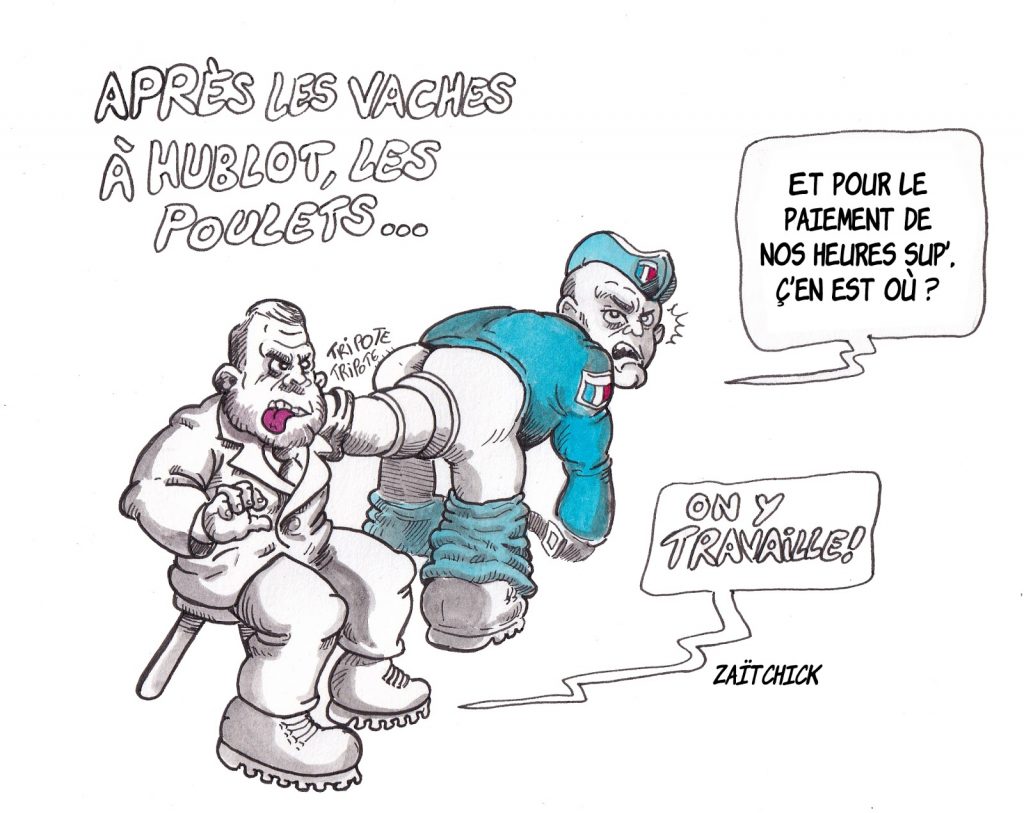 dessin d’actualité humoristique sur les heures supplémentaires impayés des forces de l’ordre et les vaches à hublots