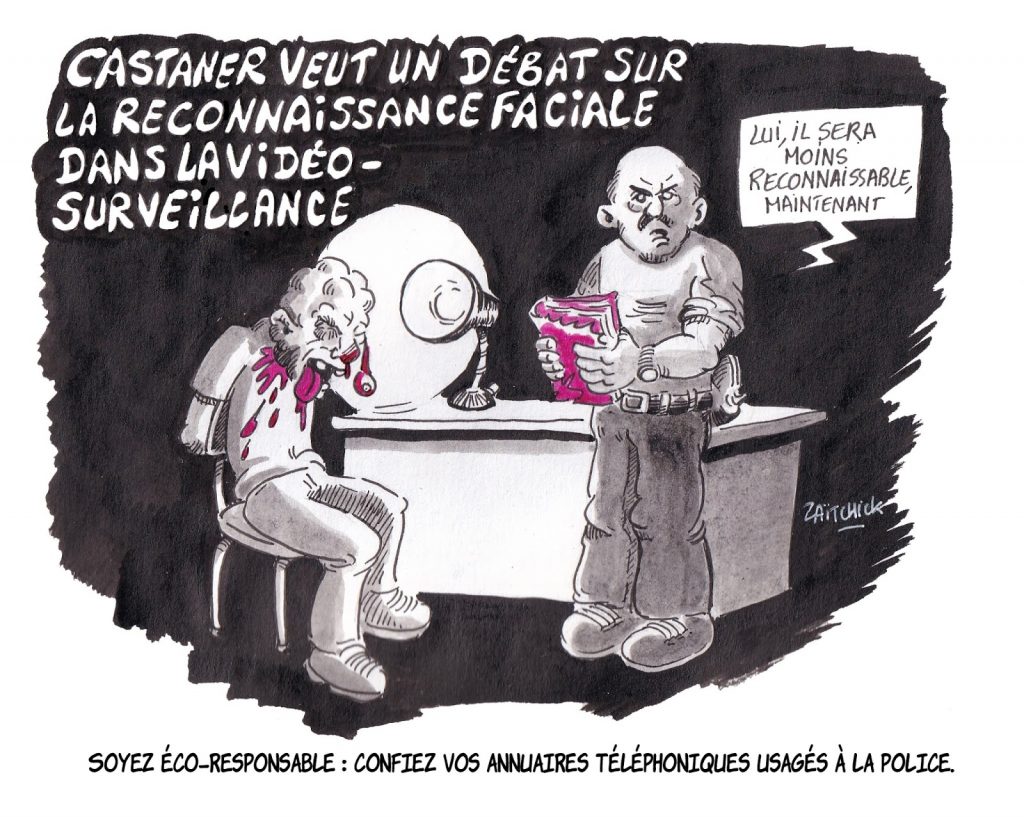 dessin d’actualité humoristique sur le débat concernant la reconnaissance faciale dans la vidéosurveillance