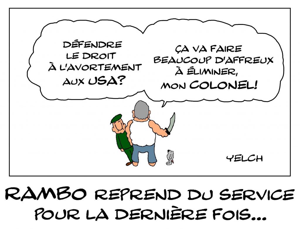 dessin de Yelch sur John Rambo et le droit à l’avortement aux États-Unis