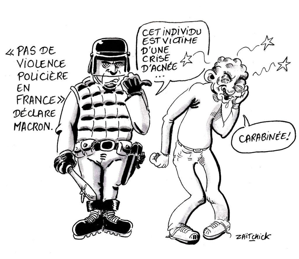 dessin humoristique sur l’absence de violence policière en France… Selon Emmanuel Macron