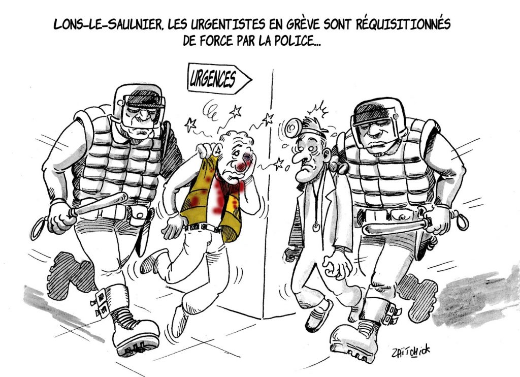 dessin humoristique sur la réquisition de force des urgentistes à Lons-le-Saunier