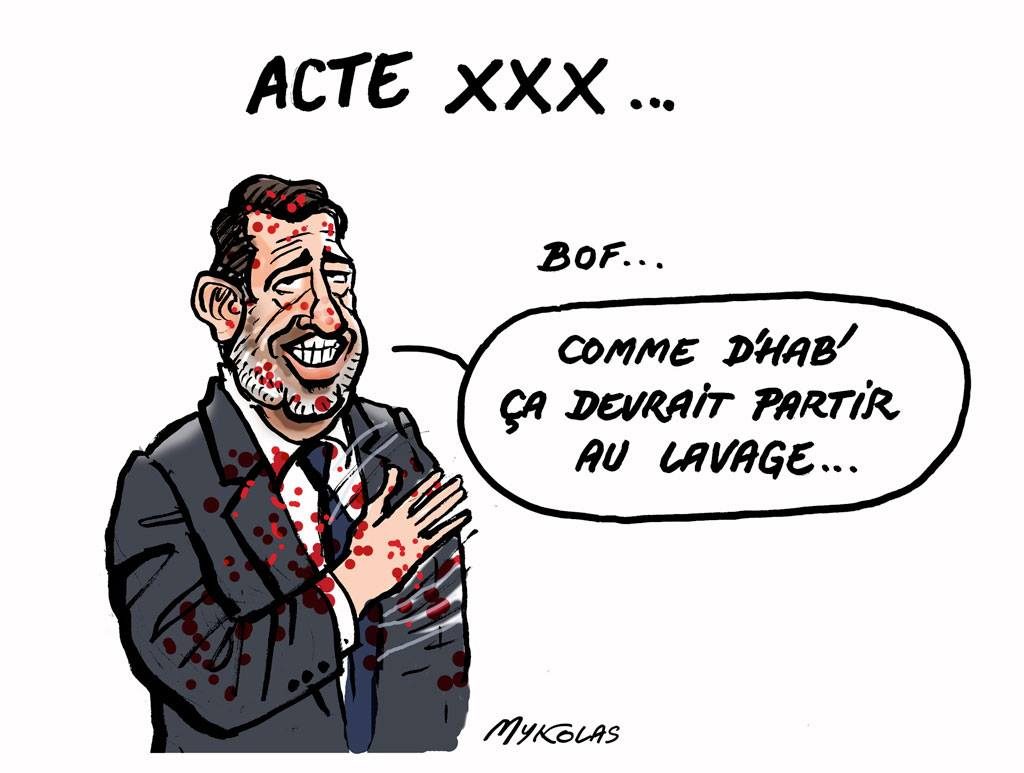 dessin d’actualité humoristique sur Christophe Castaner et l’acte XXX du mouvement des gilets jaunes