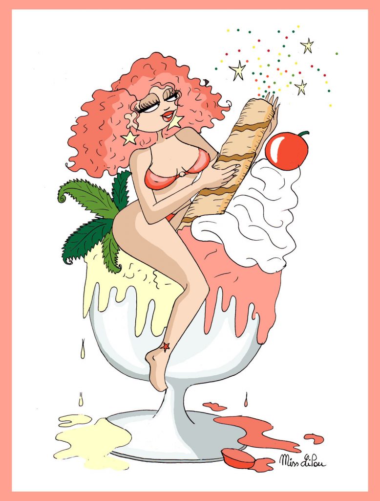 dessin de Miss Lilou sur les glaces vanille-fraise