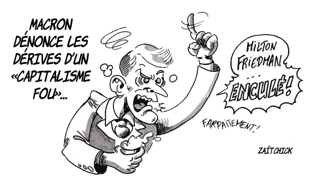 dessin d’actualité humoristique sur la dénonciation des dérives du capitalisme par Emmanuel Macron