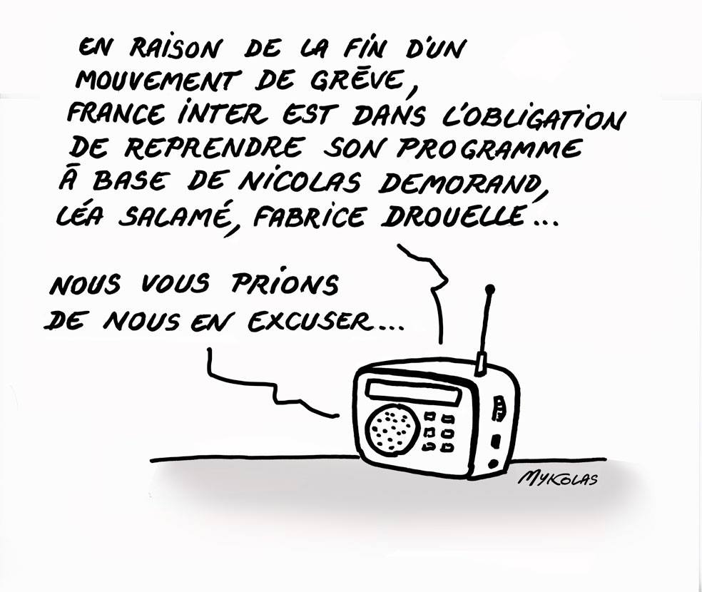 dessin d’actualité humoristique sur la reprise des programmes de France Inter