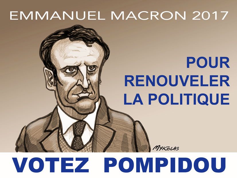 dessin d’actualité humoristique sur l’hommage d’Emmanuel Macron à Georges Pompidou