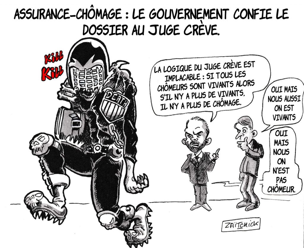 dessin d’actualité humoristique sur la lutte contre le chômage menée par Édouard Philippe et Emmanuel Macron